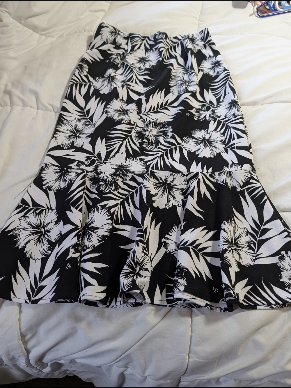Black & White Floral Maxi Skirt with Ruffle Hem